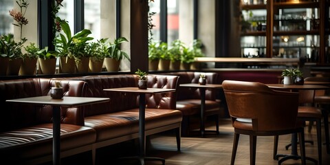 Obraz premium Modern cafe interior with a cozy coffee shop ambiance. Concept Cafe Interior Design, Cozy Atmosphere, Modern Architecture, Coffee Shop Decor, Relaxing Ambiance
