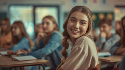 Smiling student in classroom, cheerful and attentive, engaged with peers during a lesson