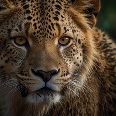 Obraz premium a leopard is looking at the camera with a brown eye.