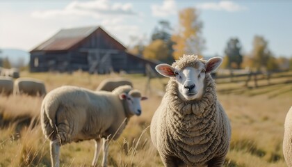 Fototapeta premium Closeup sheep on pasture farm with a barn in the background. Wallpaper Flock of sheep in the countryside