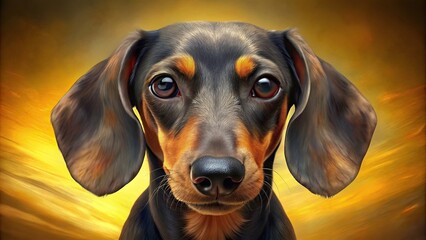 Close-up front view of dachshund against yellow background, dachshund, dog, pet, front view, close-up, yellow background, cute, adorable, animal, domestic, purebred, small, canine, friendly