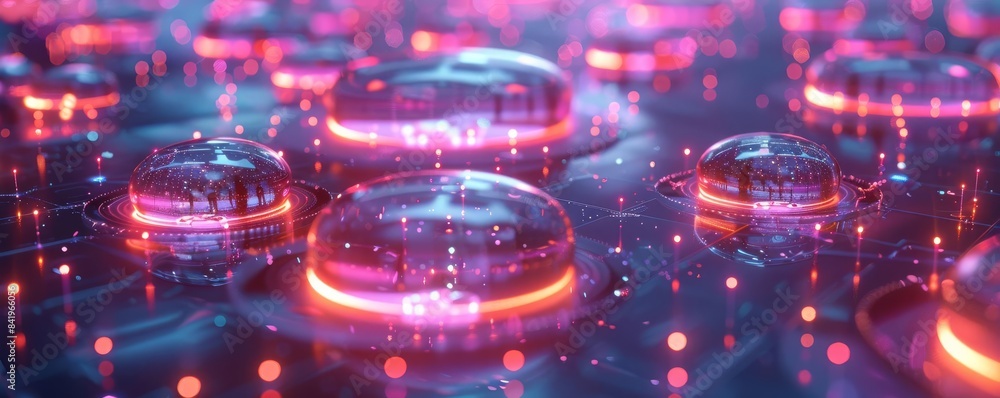 Poster virtual hologram cells flat design top view tech theme 3d render triadic color scheme
