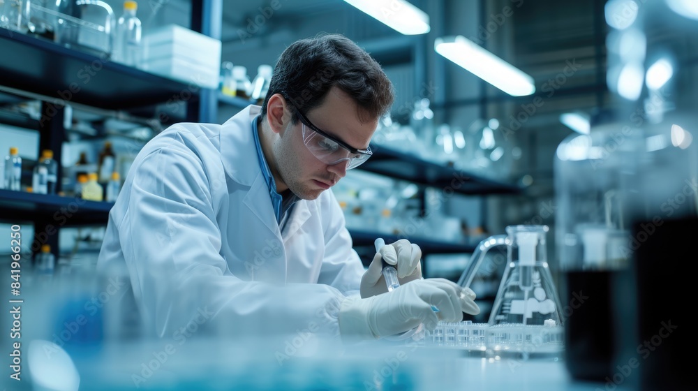 Poster an engineer is conducting experiments in a science lab, wearing a lab coat. aig41