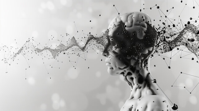 A striking black and white abstract depiction of a human figure with an exploding head, representing the concept of creative or chaotic thoughts