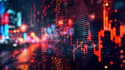 Obraz premium Abstract image of stock market data reflected on glass window with blurred cityscape in background.