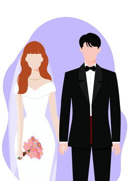 Newlyweds. Young cartoonfamily. Husband and wife. Wedding.  Redhead bride and brunette groom. Vector illustration