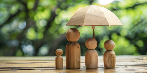 Family insurance and safety concept, Wooden figure with umbrella icon for protecting and care family design