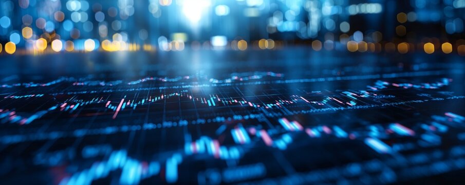 Futuristic financial graph on cityscape background