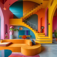 Bright and Cheerful Living Room with a Yellow Staircase, Vibrant Living Room Interior Design, Modern Living Room with a Pop of Color, Playful Living Room, generative ai