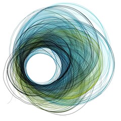 parallel lines bundled in circles in flow to point, abstract, minimalistic, one line drawing, blue and green, white background, detailed