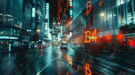 Fototapeta premium Cityscape with glowing red and green circuit board pattern.