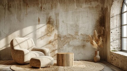 A textured wall with soft shadows and stylish furniture creating a modern interior look