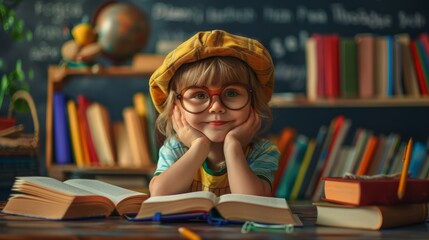 a little girl in glasses is sitting at a desk with books