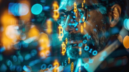 Glowing blue and orange circuit board pattern over a businessman's face.