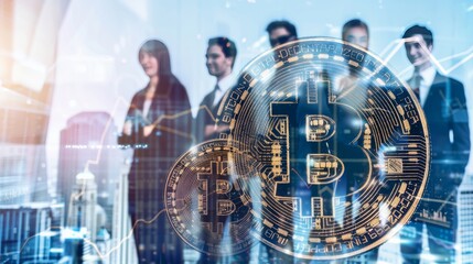 Group of business people discussing about bitcoin investment with cityscape background.