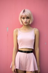Portrait photograph, 17-year-old girl, Head to toe fits in the screen,short pink dress, arms folded in front of pink wall, extremely thin, full body image, short hair, half Japanese, half Italian, gre