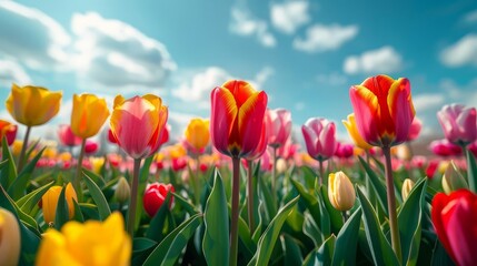 A vibrant tulip field in full bloom with rows of flowers in various colors