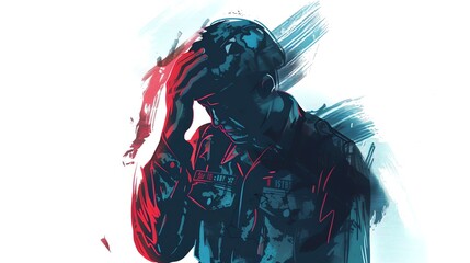 Abstract digital art depicting a distressed young man holding his head with a brushstroke background, symbolizing inner turmoil and emotion.