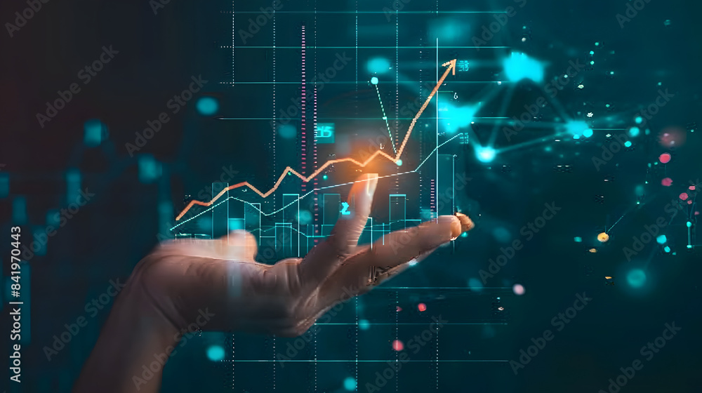 Poster a hand holds a chart with a growing up arrow and a graph of stock market or business growth on a vir
