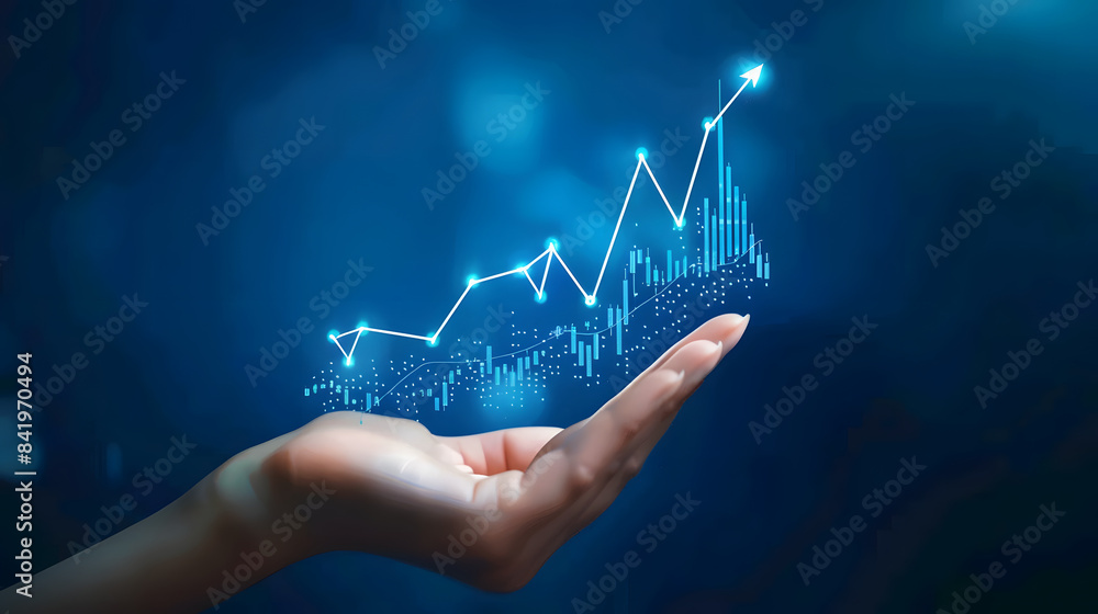 Poster a hand holds a chart with a growing up arrow and a graph of stock market or business growth on a vir