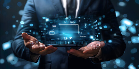 UGC, User-generated content concept. Online marketing, Product reviews from the perspective of real users. Businessman holding UGC icon on virtual screen