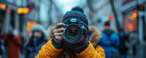 Photographer taking a photo in urban area