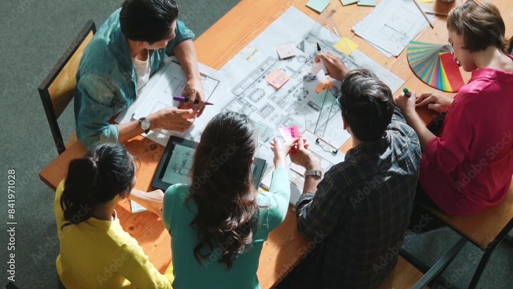 Poster top view of smart business team work together and holding wrist together at meeting room. aerial vie