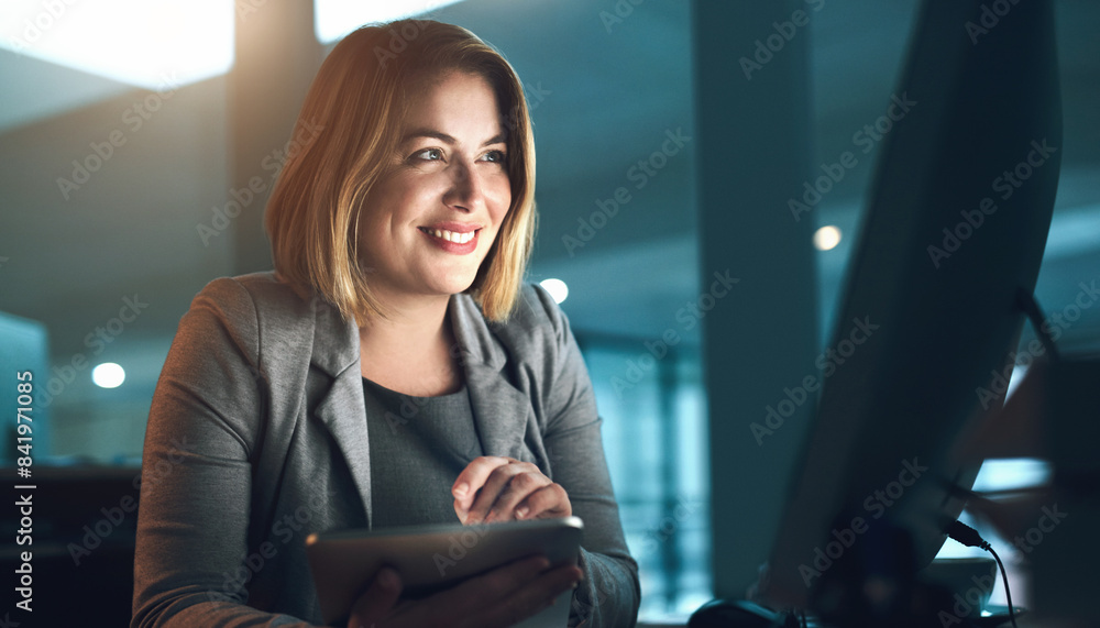 Poster happy woman, tablet and night with computer for deadline, project or tasks on agenda at office desk.