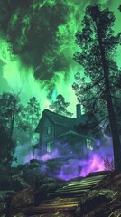 Mysterious forest cabin with eerie green sky and purple mist, spooky atmosphere concept