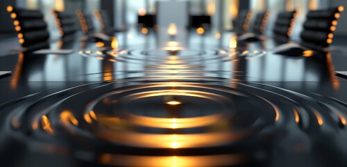 An abstract representation of sound waves emanating from a central point on a sleek conference table, symbolizing the flow of ideas and communication in a team meeting.