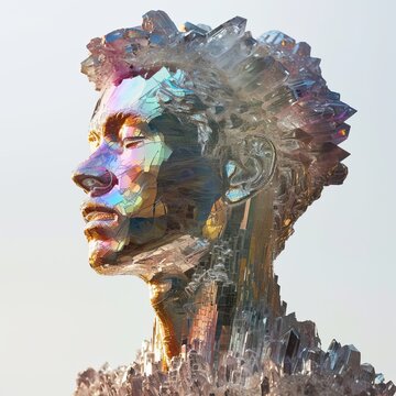 surrel album cover, transparent holograms of a man rotated show cross section of bismuth crystals, philosophical portrait, layered juxtaposition, washed out colors, abstract minimalism