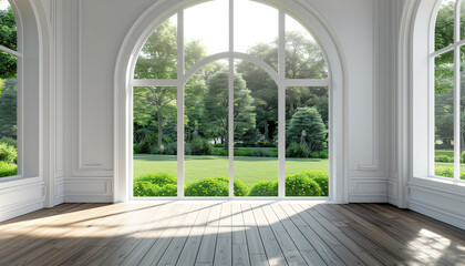 Fototapeta premium 3d Render Of A Luxurious Classical Style White Room With Nature View And Arch Shape Window Overlooking Green Lawn And Garden