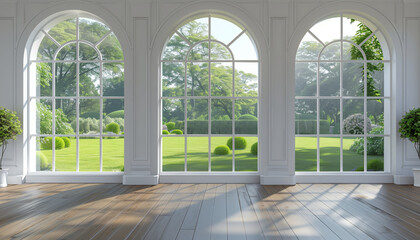 Fototapeta premium Luxurious Modern Classical Style White Room With Nature View, Featuring Wooden Floors And Arch-Shaped Window Overlooking Green Lawn And Garden.