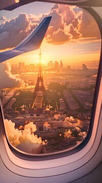 Enjoy a breathtaking sunset view of the Eiffel Tower from an airplane window in Paris