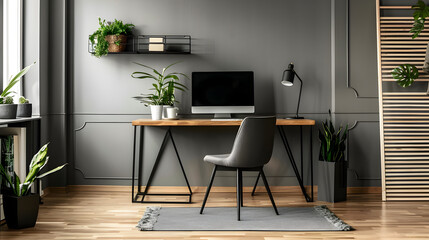 A home office with vinyl floors. Gray walls and a computer desk made of glass and steel 