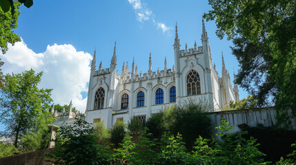 Obraz premium white gothic cathedral with large windows and spires, surrounded by lush greenery under the bright blue sky