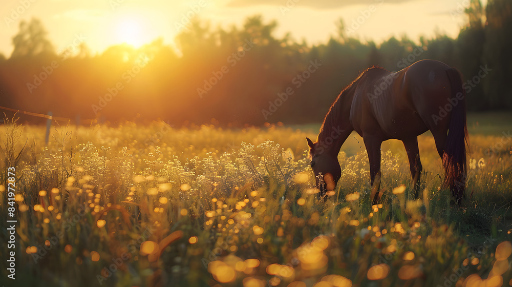 Poster a horse grazing in a field with a vibrant big bokeh in the background. shallow depth of field. beaut
