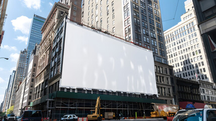 A huge white billboard is being built on the side of an office building in New York City. showcasing its impressive size and high resolution 