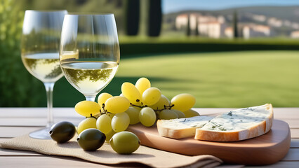 Picnic with wine and cheese on the Cote d'Azur in France on a sunny summer day