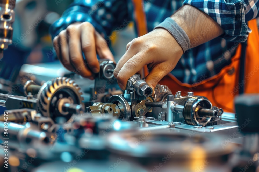 Poster close up of professional mechanic hand fixing and repairing machine while holding iron cog. attracti