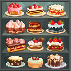 Cute collection of cartoon chocolates, cakes, cupcakes and pastries on a wooden shelf. Advertising for confectionery shops, dessert shops.