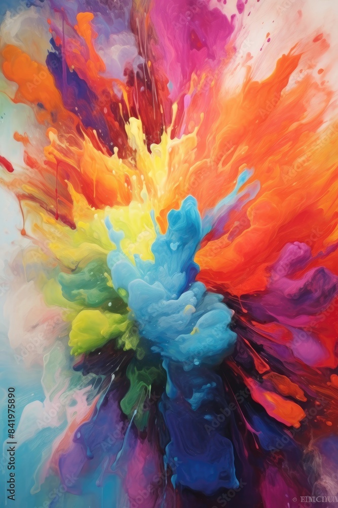 Poster explosive color burst in orange, pink, and blue. vertical image of exploding motion of multicolored 