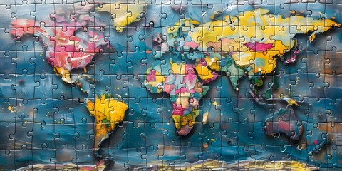 Fototapeta premium Colorful world map puzzle on blank background incomplete. Concept Puzzle Challenge, World Map, Colorful, Blank Background, Incomplete