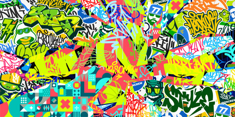 Cool Trendy Abstract Urban Street Art Graffiti Style Vector Collage Illustration Background Template