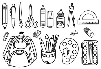 Back to school set in line style - bag, school supplies and drawing tools set. Colring book or pages for kids