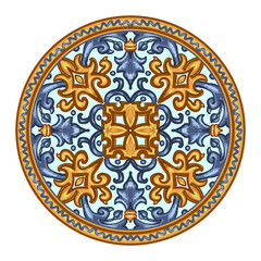 Blue and yellow ceramic pattern. Traditional tribal ornament. Capri Maiolica. Delft Blue and White