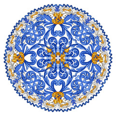 Azulejos. Blue and yellow ceramic pattern. Traditional tribal ornament. Capri Maiolica. Delft Blue and White. 