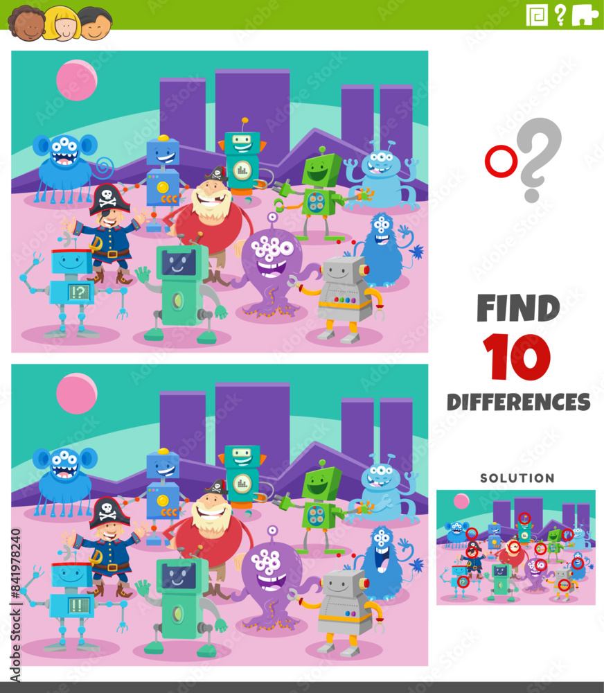 Sticker differences activity with cartoon fantasy characters group