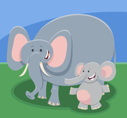 funny cartoon elephant mom animal character with baby elephant