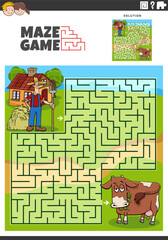 maze game with cartoon farmer and cow farm animal
